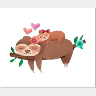 Sloth mom and baby sleeping Posters and Art